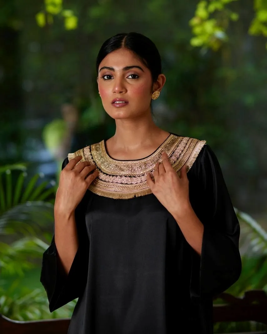 Black Satin Silk Kurta Pant Set