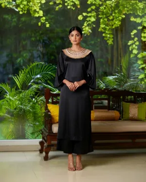 Black Satin Silk Kurta Pant Set