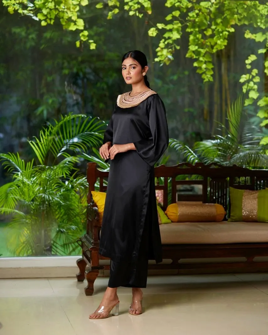 Black Satin Silk Kurta Pant Set