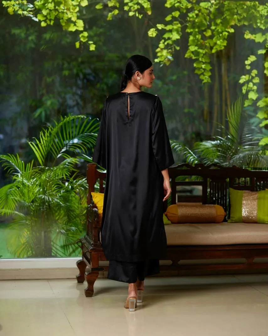 Black Satin Silk Kurta Pant Set