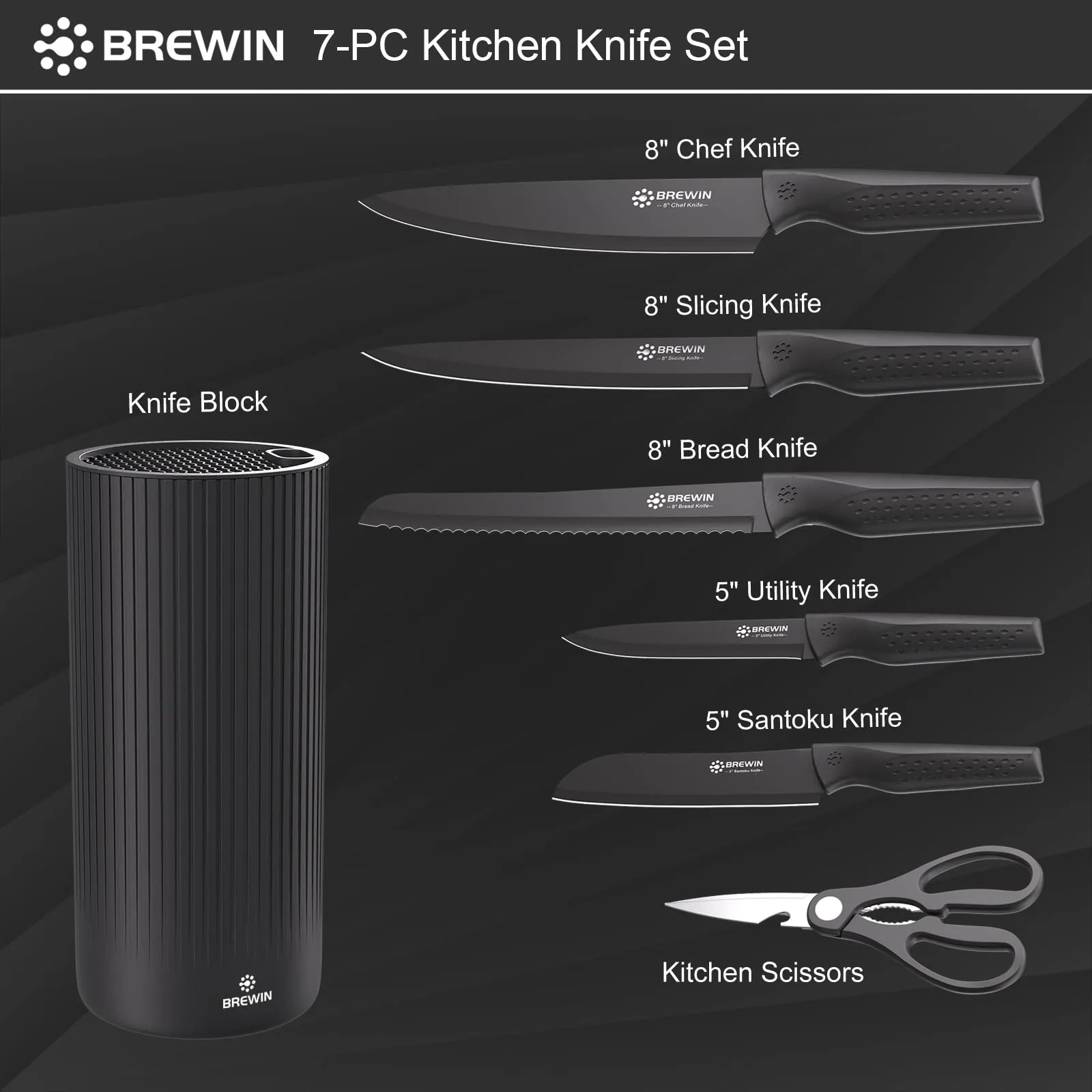 Brewin Knife Set, Kitchen Knife Set, Knives Set for Kitchen, Universal Knife Block, Utility Knife Block Set, Kitchen Essentials, New Home Essentials, Apartment Essentials, Dishwasher Safe