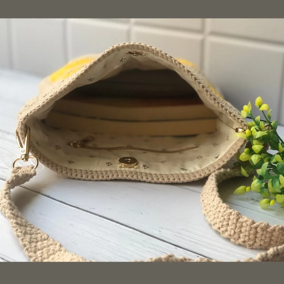Brown Crochet Cotton Yarn Crossbody Unisex Sling Bag