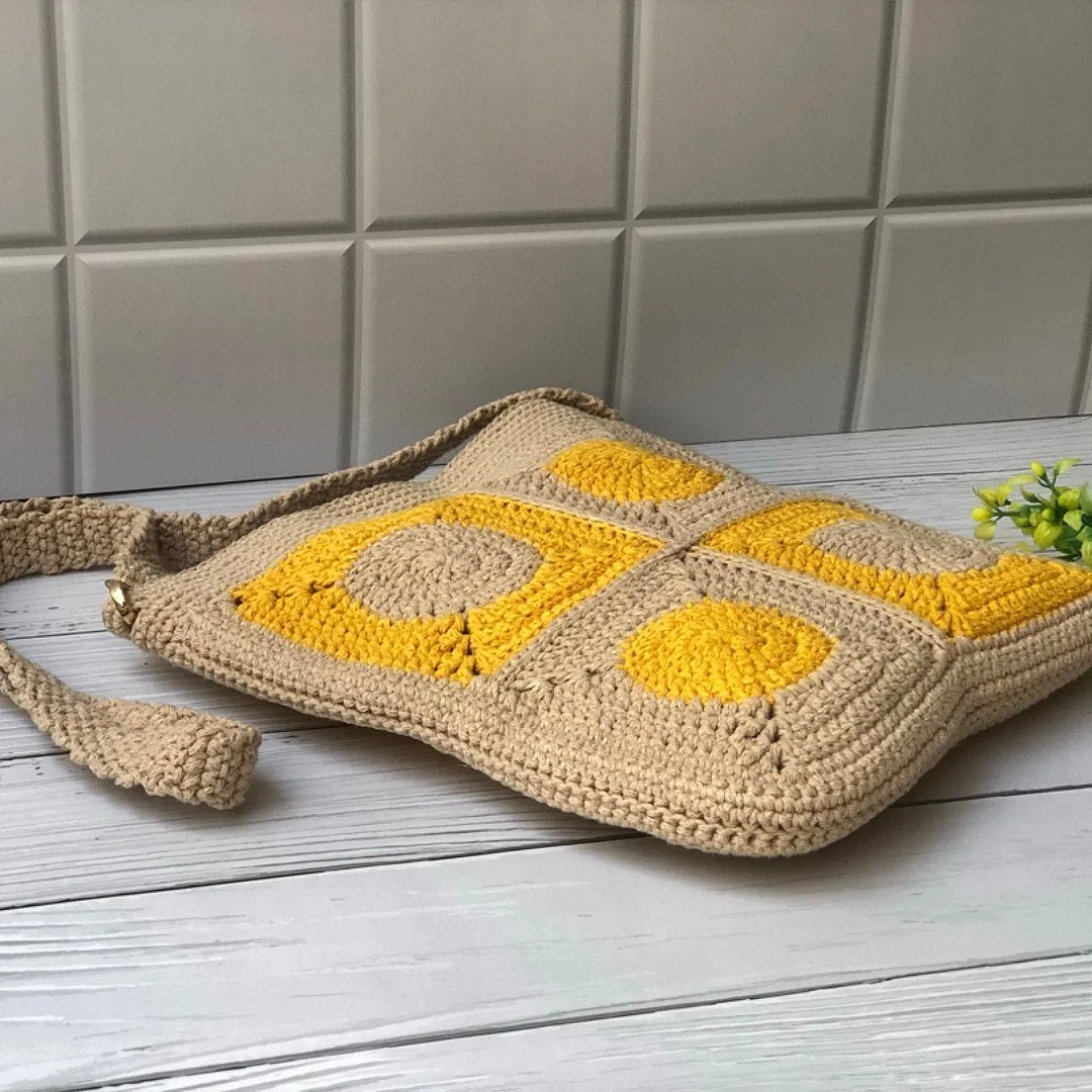 Brown Crochet Cotton Yarn Crossbody Unisex Sling Bag