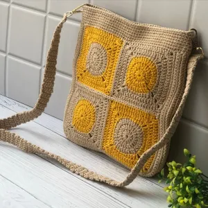 Brown Crochet Cotton Yarn Crossbody Unisex Sling Bag