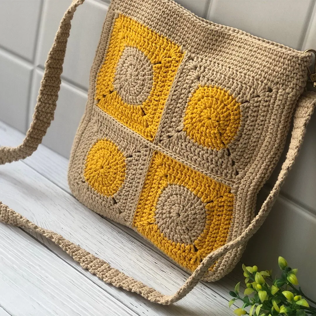 Brown Crochet Cotton Yarn Crossbody Unisex Sling Bag