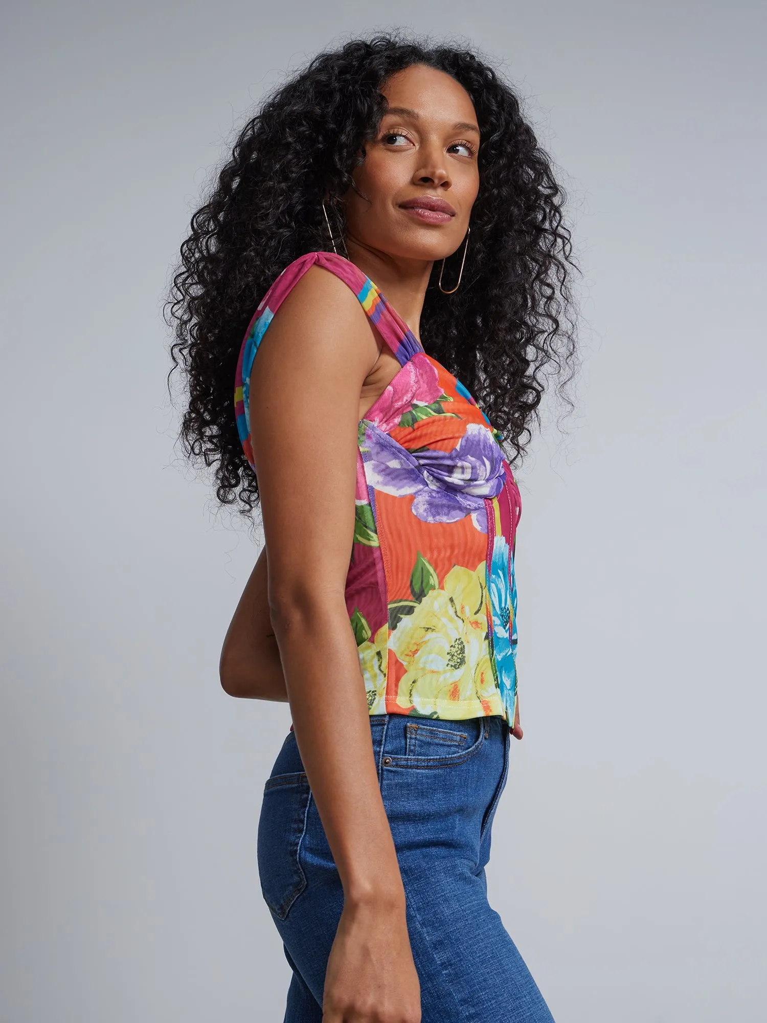 Floral-Print Mesh Corset Top