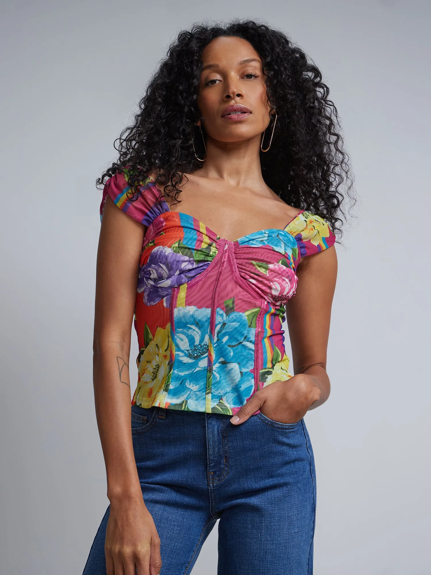Floral-Print Mesh Corset Top