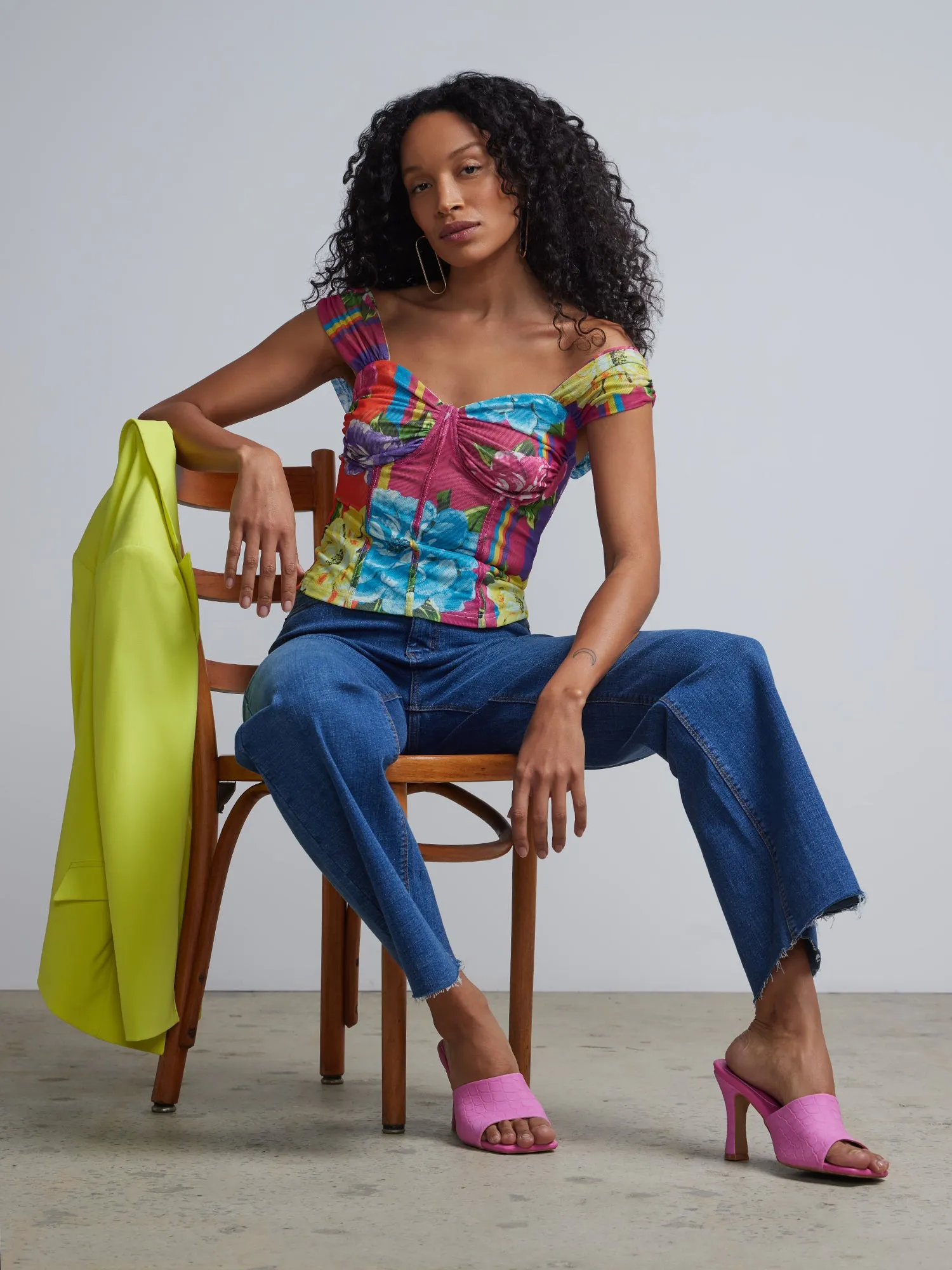Floral-Print Mesh Corset Top