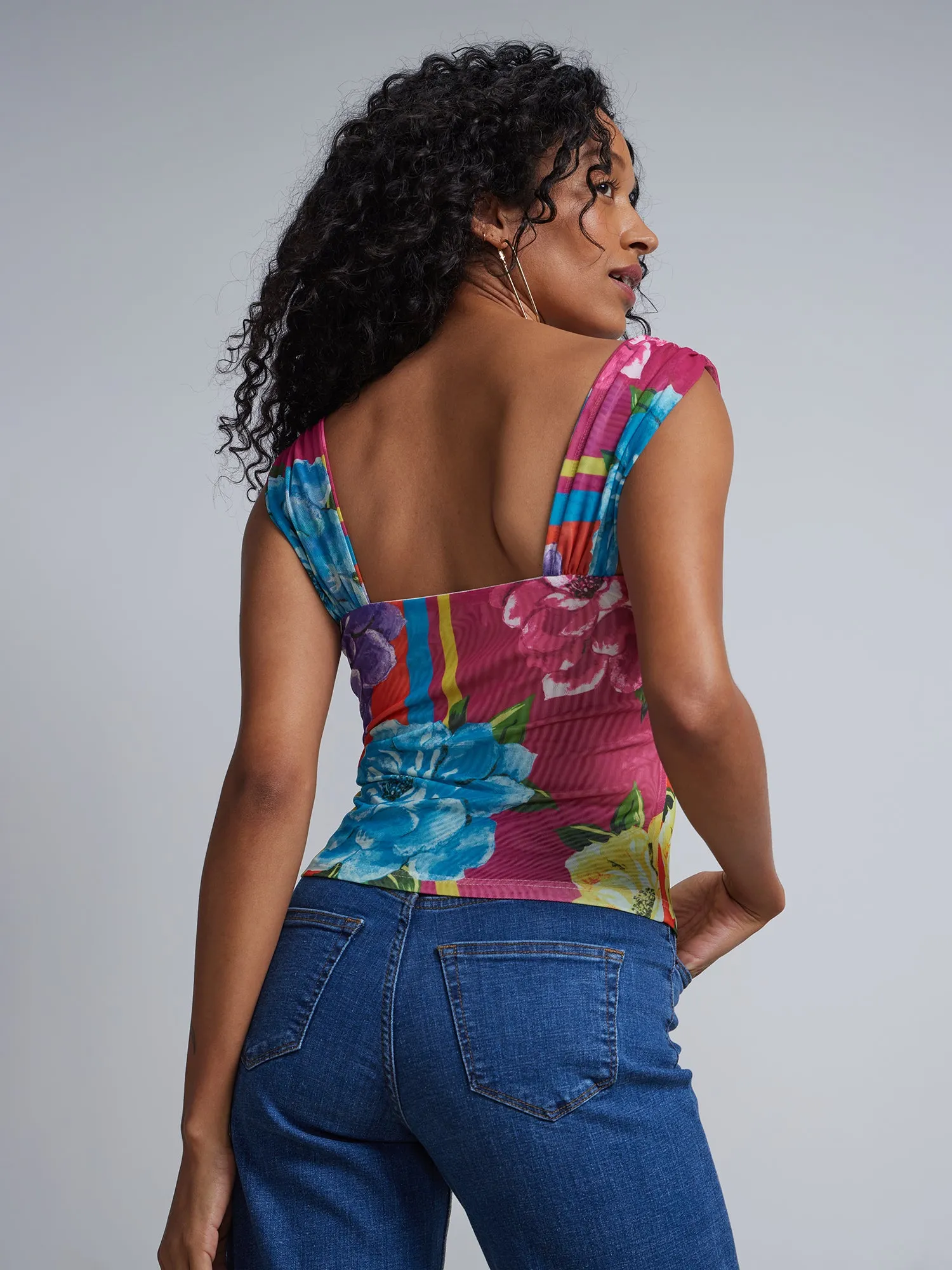 Floral-Print Mesh Corset Top