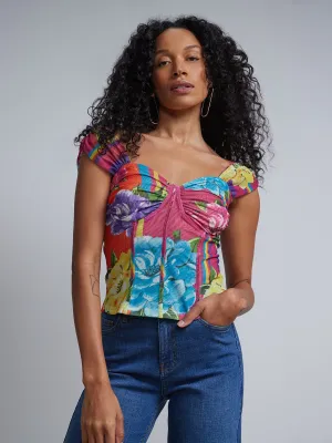 Floral-Print Mesh Corset Top