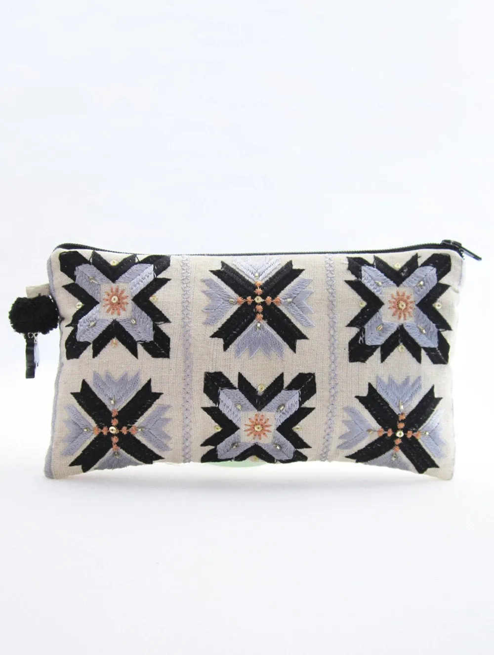 Handcrafted Phulkari Utility Pouch - Black & Grey