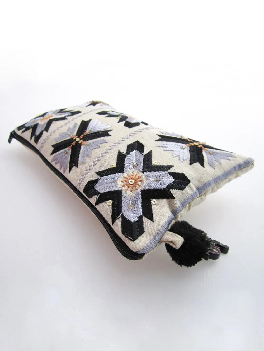 Handcrafted Phulkari Utility Pouch - Black & Grey