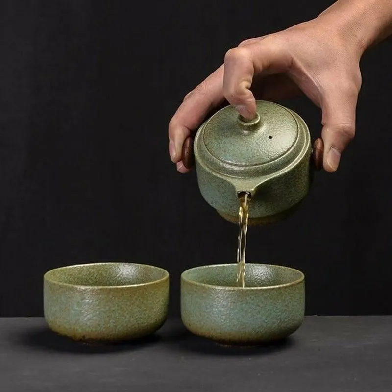 Handmade Ceramic Travel Teapot with 2 Cups & Sleek Travel Bag - 3 Colors to Choose From