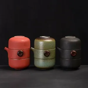 Handmade Ceramic Travel Teapot with 2 Cups & Sleek Travel Bag - 3 Colors to Choose From