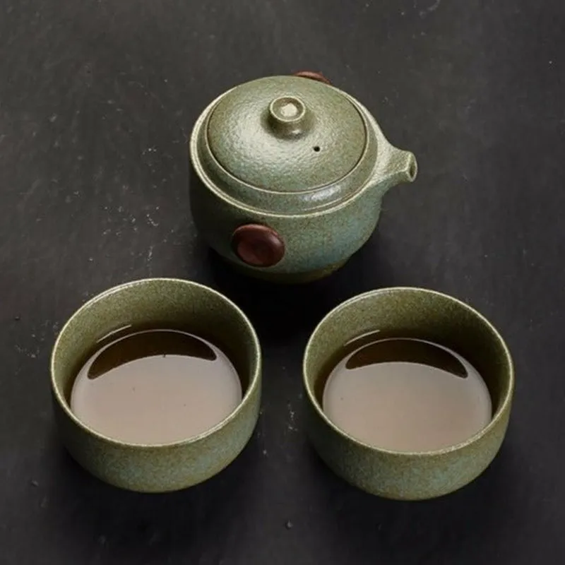 Handmade Ceramic Travel Teapot with 2 Cups & Sleek Travel Bag - 3 Colors to Choose From