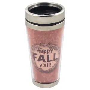 Happy Fall Y'all Autumn Brown 16 Ounce Stainless Steel Travel Tumbler Mug with Lid