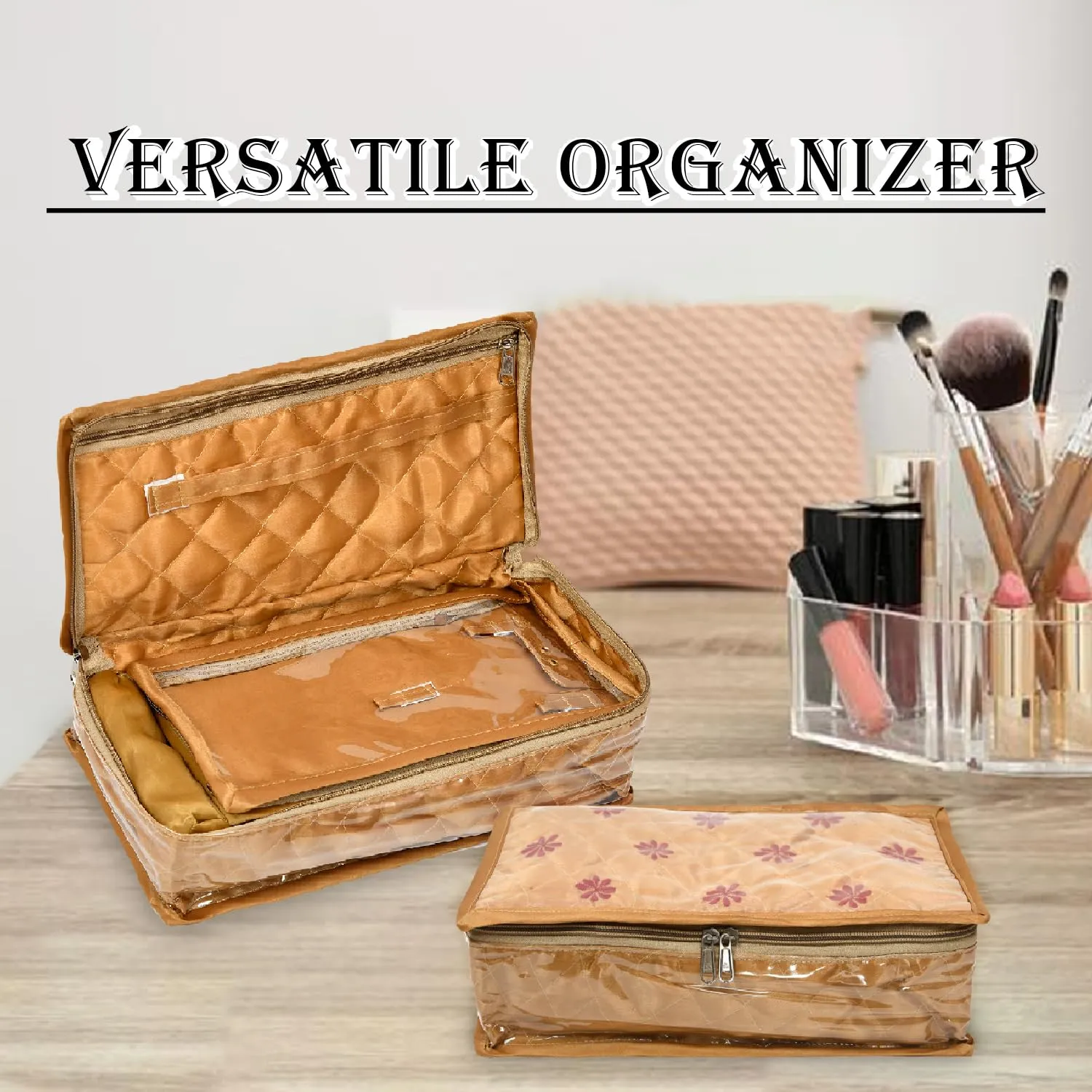 Heart Home Jewellery Kit | Satin Flower Embroidery Locker Kit | 3 3 1 Detachable Pouch Cosmetic Kit | Makeup Storage Kit for Watches | Bracelets | Earring | Golden