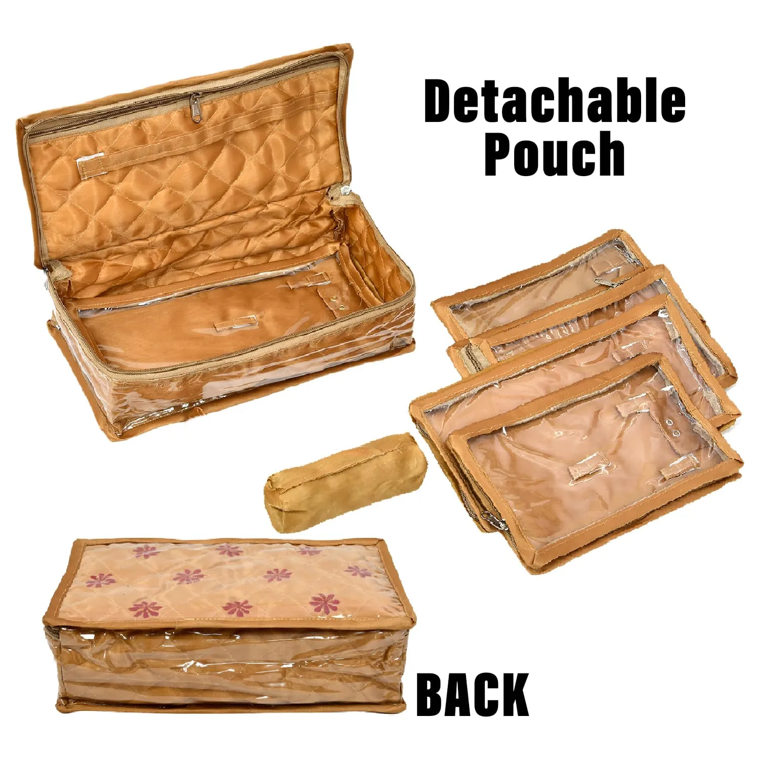 Heart Home Jewellery Kit | Satin Flower Embroidery Locker Kit | 3 3 1 Detachable Pouch Cosmetic Kit | Makeup Storage Kit for Watches | Bracelets | Earring | Golden