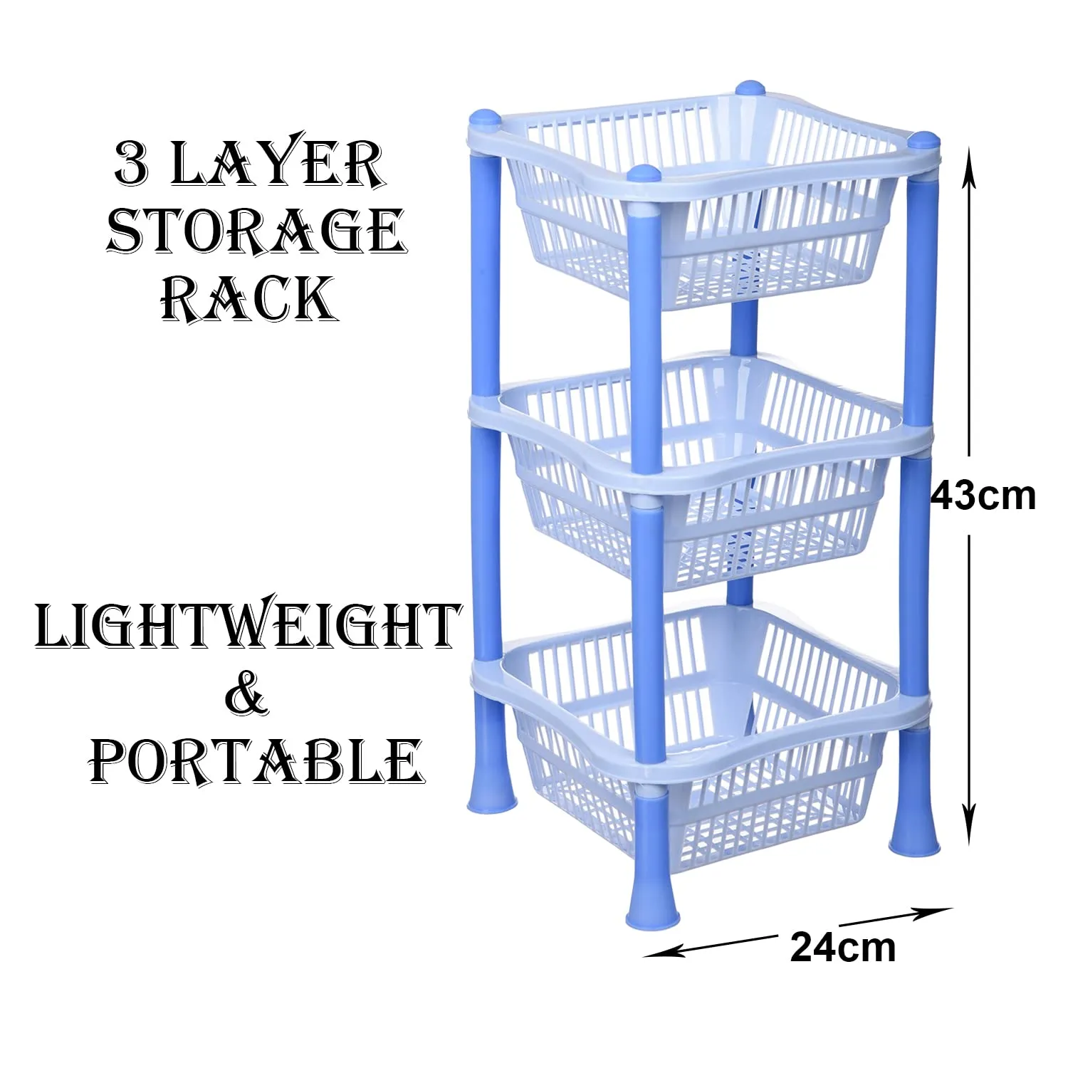 Kuber Industries Storage Basket | Plastic 3 Layer Square Storage Basket | Storage Rack for Kitchen | Multi-Layer Vegetable Rack | Fiesta Floor-Standing Rack | Sky Blue