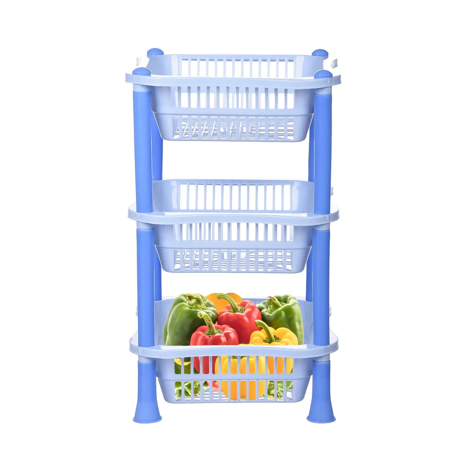 Kuber Industries Storage Basket | Plastic 3 Layer Square Storage Basket | Storage Rack for Kitchen | Multi-Layer Vegetable Rack | Fiesta Floor-Standing Rack | Sky Blue