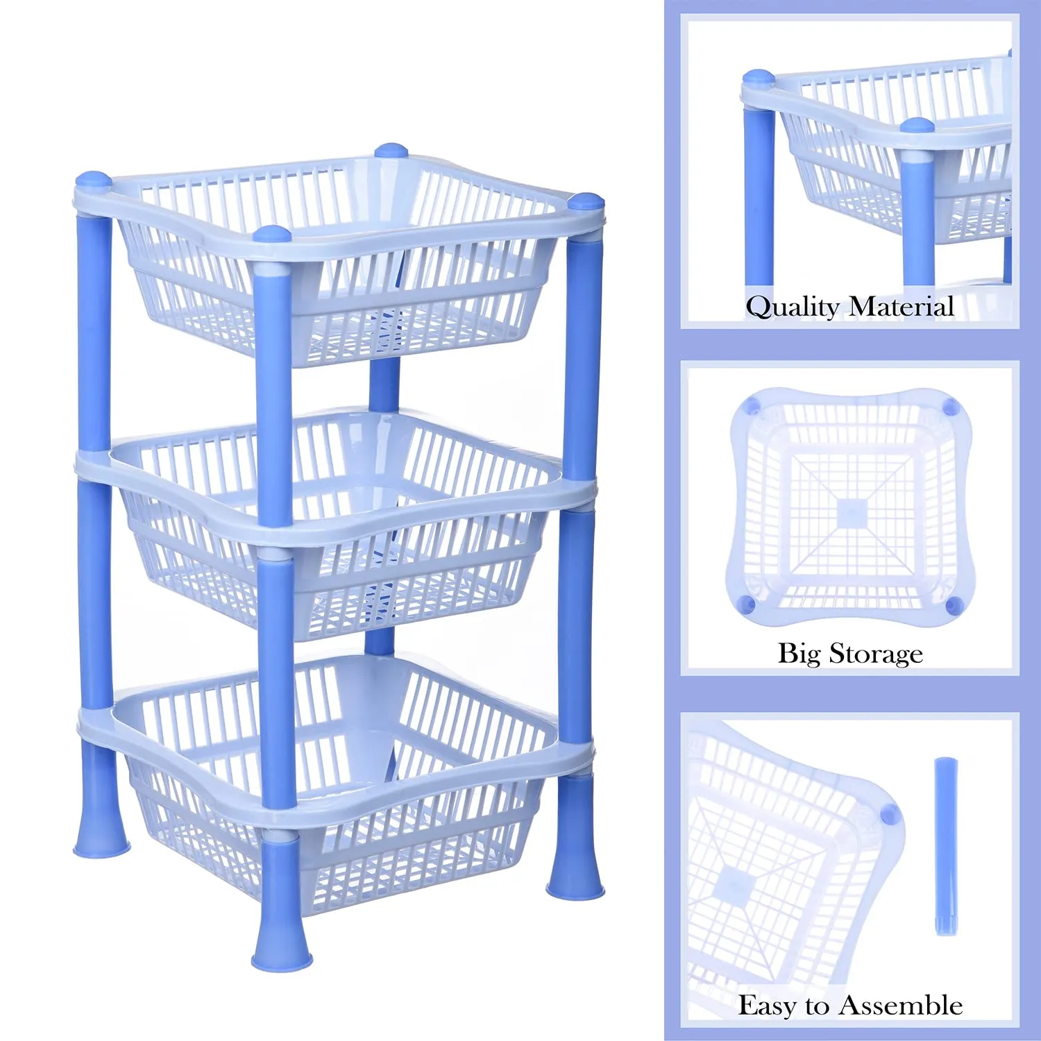 Kuber Industries Storage Basket | Plastic 3 Layer Square Storage Basket | Storage Rack for Kitchen | Multi-Layer Vegetable Rack | Fiesta Floor-Standing Rack | Sky Blue