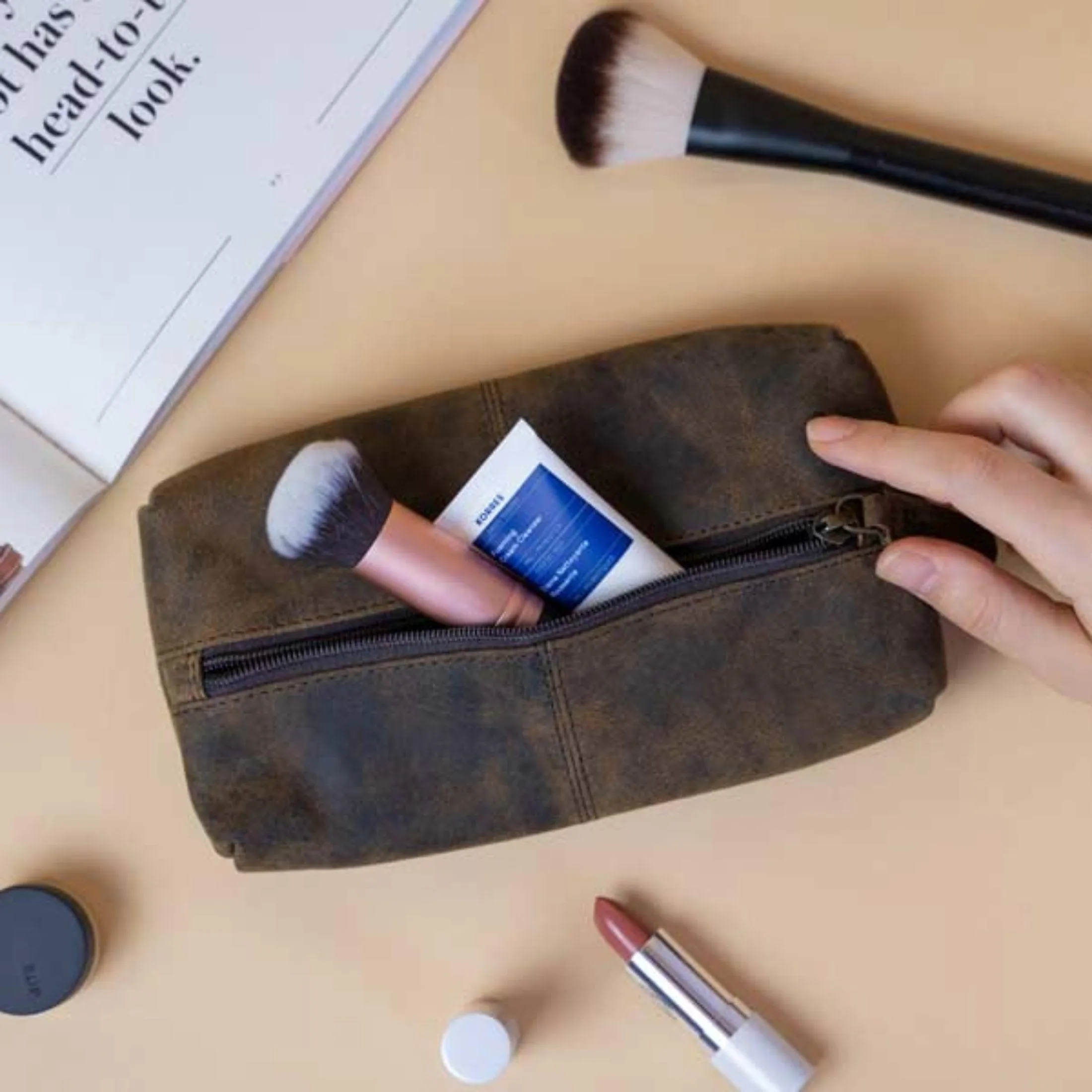 Leather Zip-Lock Cosmetic Makeup Pouch Bag Pen Pencil case