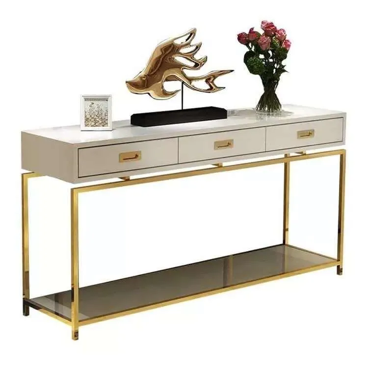 Modern White Rectangular Console Table with Storage Drawers - Space Saving Design