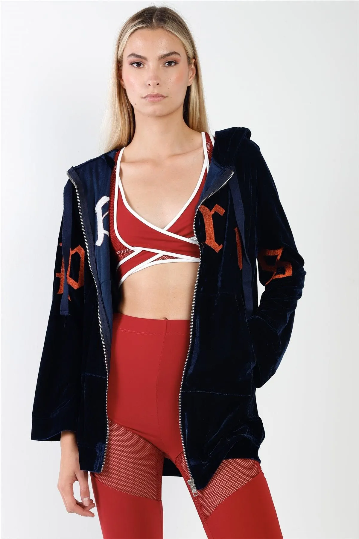 Navy Velvet Graphic Letters Zip Up Hoodie Sweatshirt /3-2-1