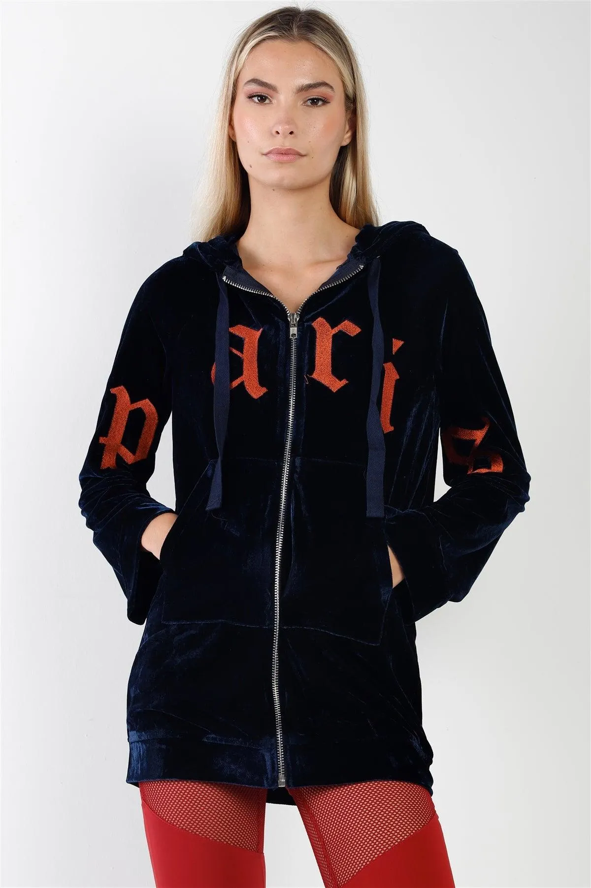 Navy Velvet Graphic Letters Zip Up Hoodie Sweatshirt /3-2-1