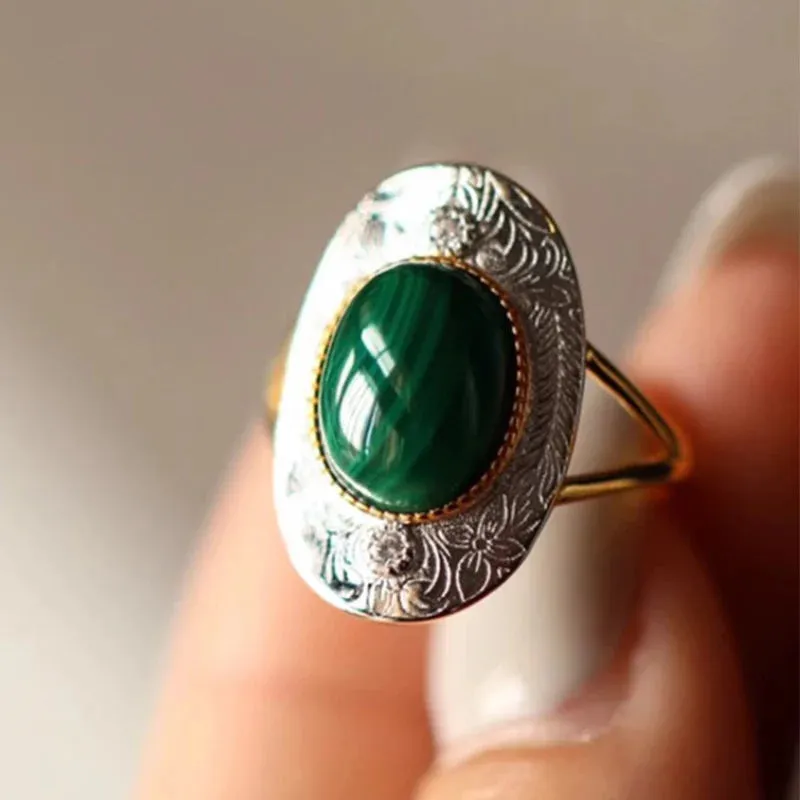 VAIGE Elegant Green Malachite & Sterling Silver Ring