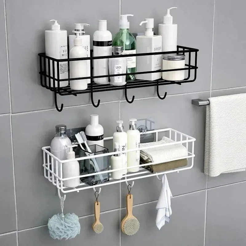 Wall Mounted Rectangle Metal Shelf with Hooks (Black)