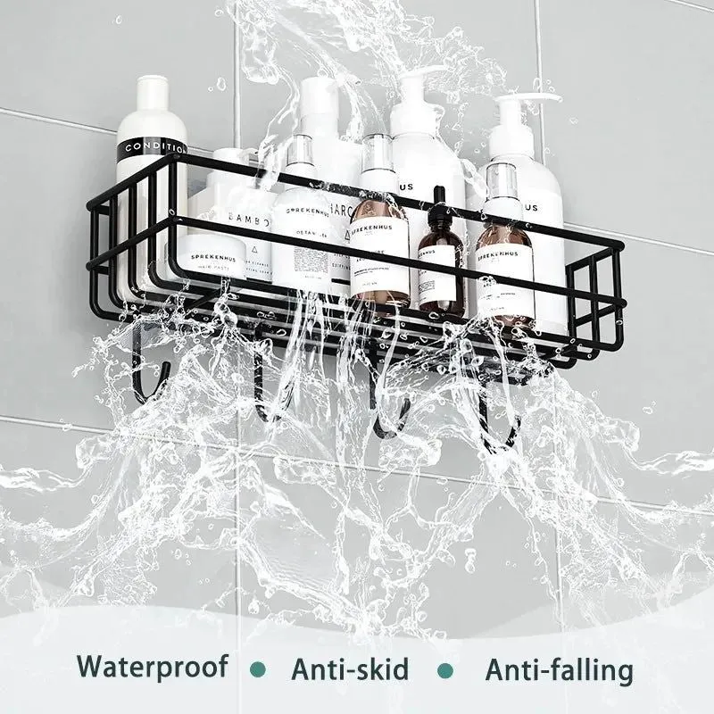 Wall Mounted Rectangle Metal Shelf with Hooks (Black)