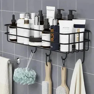 Wall Mounted Rectangle Metal Shelf with Hooks (Black)