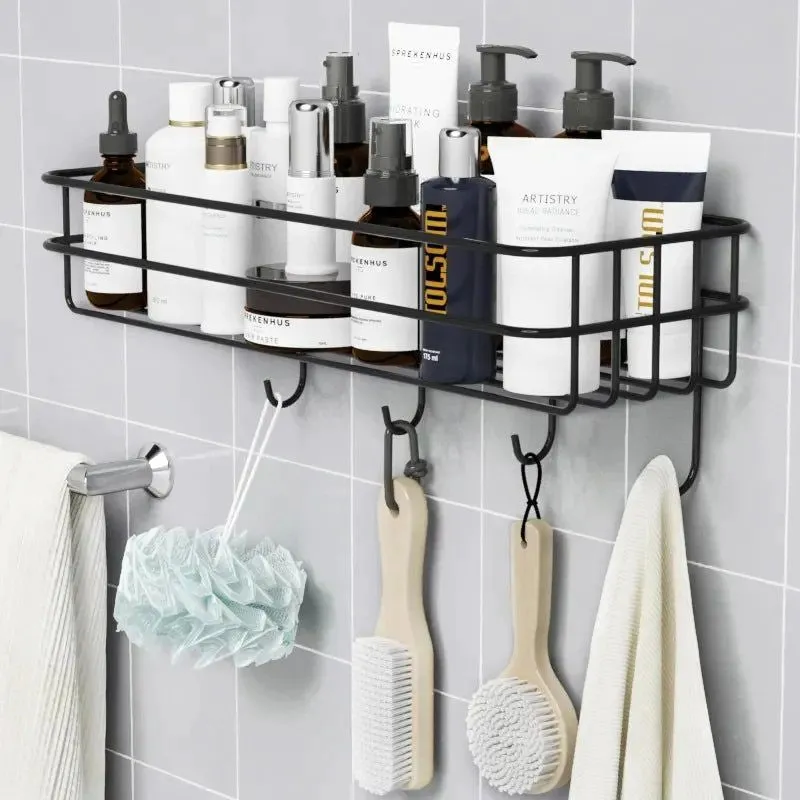 Wall Mounted Rectangle Metal Shelf with Hooks (Black)